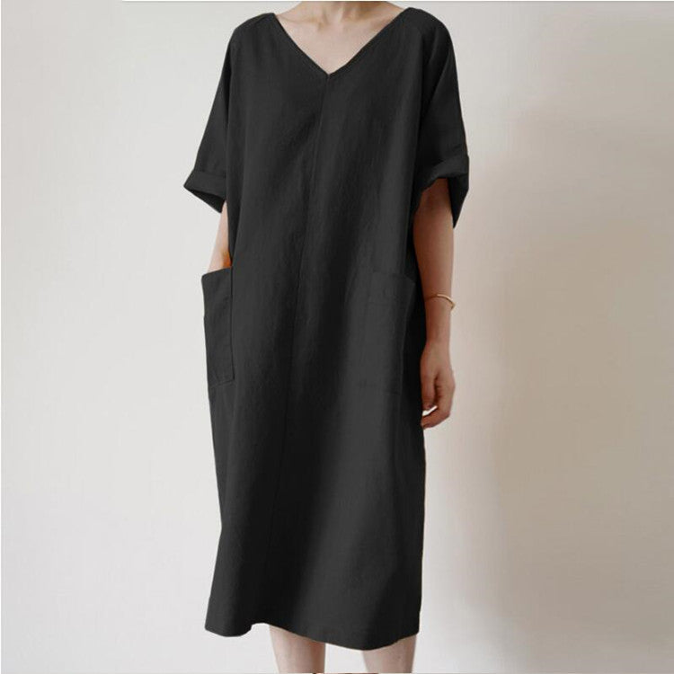 NTG Fad S / Black Cotton Casual Solid Color Long Women's Loose V-Neck Sundress