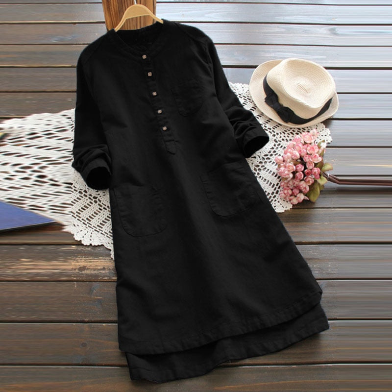 NTG Fad S / Black Cotton Linen Shirt Casual Long Robe