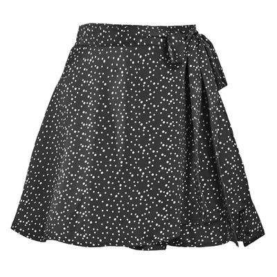 NTG Fad S / Black Dot High Waist Lace-Up Loose Casual Chiffon Satin Mini Skirt Solid Color Elegant Skirts