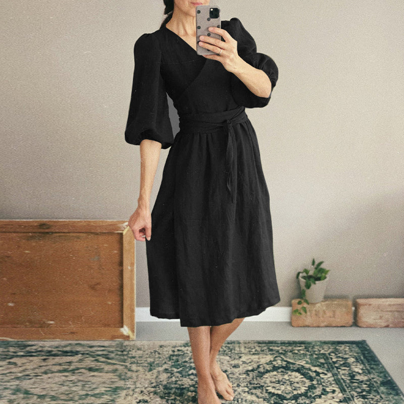 NTG Fad S / Black Elegant Cotton Linen Sexy V-Neck Puff Sleeve Dresses With Pockets