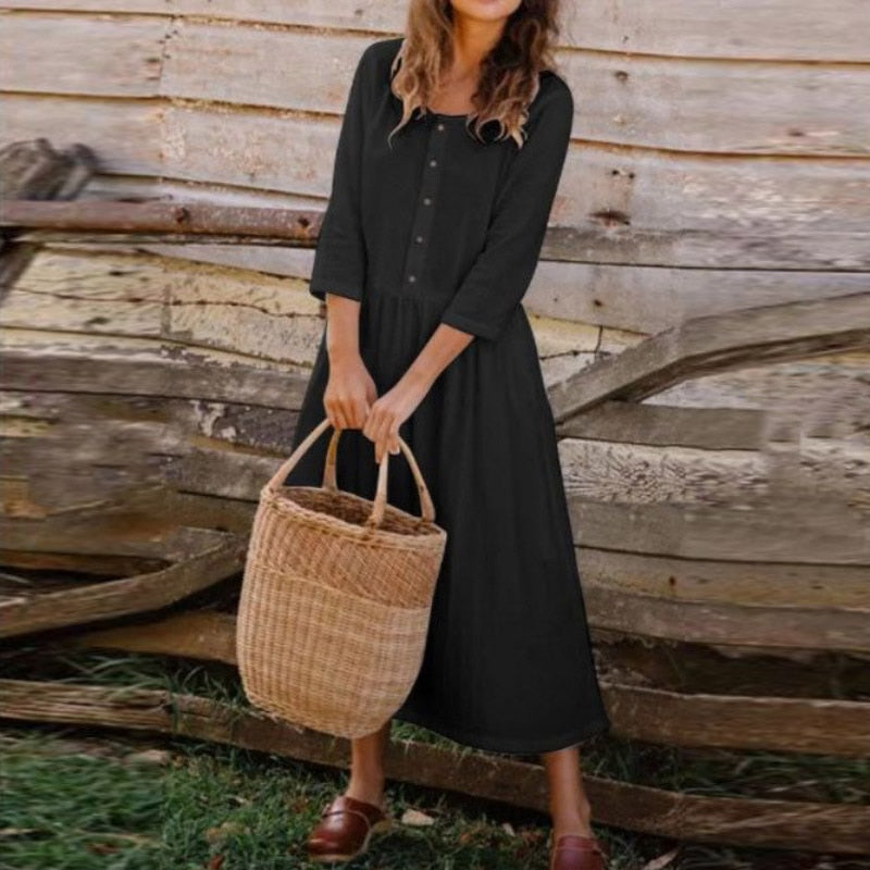 NTG Fad S / Black Linen O-Neck Button Dress