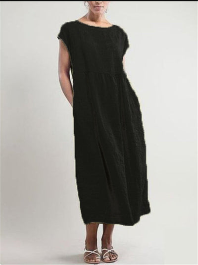 NTG Fad S / Black Solid Color Sleeveless Loose Cotton Linen Pocket Dress