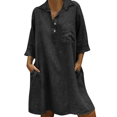NTG Fad S / Black Solid Cotton Linen Casual Dress With Pockets