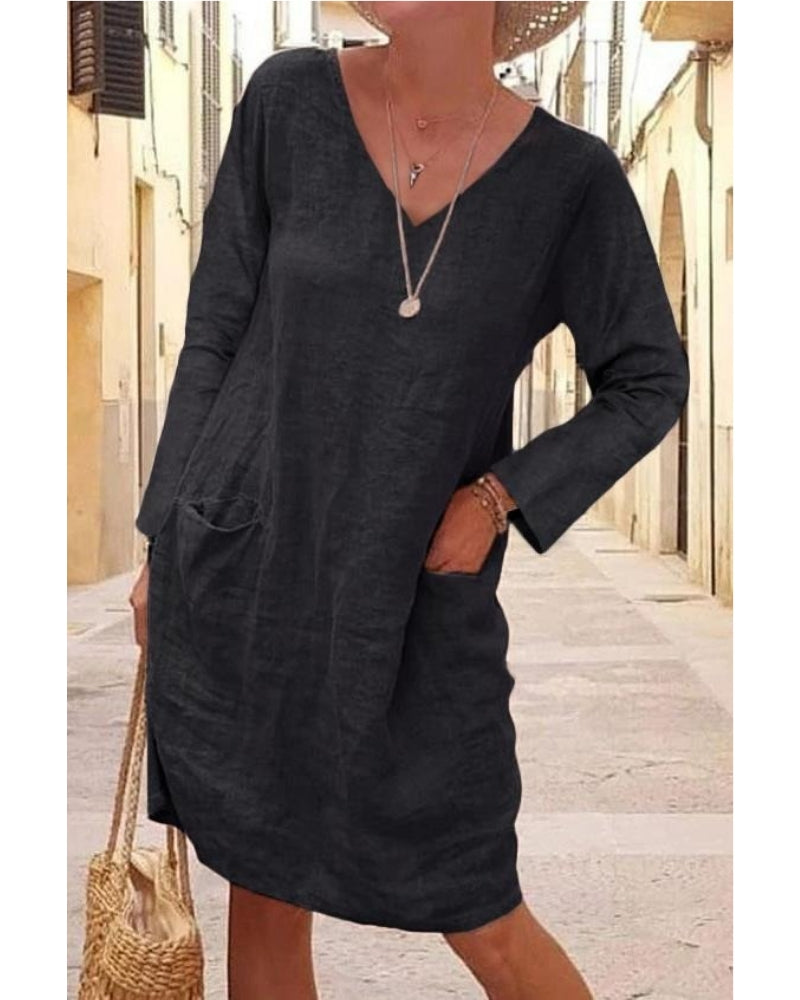 NTG Fad S / Black V-NECK COTTON LINEN DRESS