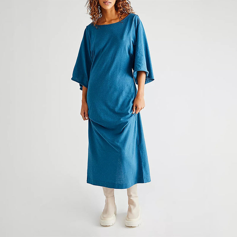 NTG Fad S / Blue 100% Cotton Casual Loose Solid Open Side Long Maxi Elegant Party Dress