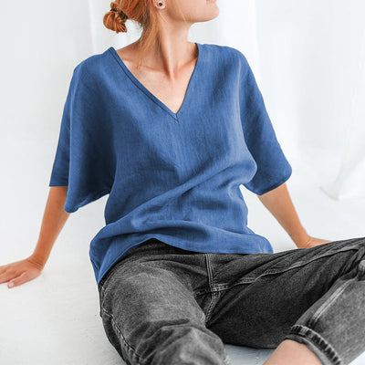 NTG Fad S / Blue 100% Linen Oversized T-shirt For Women 2022 Summer Half Sleeve Sexy V-neck Streetwear Harajuku Female Tees Top Plus size