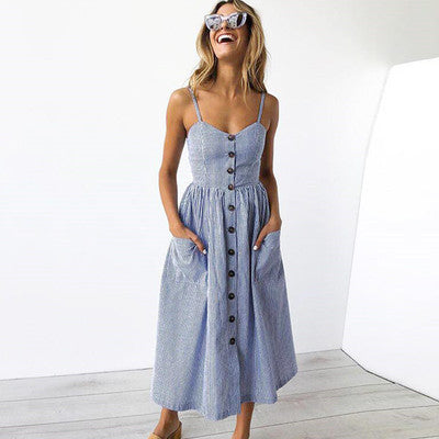 NTG Fad S / Blue Casual Sundress Female Beach Dresses Midi Button Backless Polka Dot Striped Summer Dress