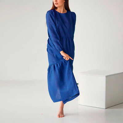 NTG Fad S / Blue Elegant Cotton Linen Casual Patchwork Holiday Beach Party Dresses With Pockets