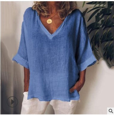 NTG Fad S / Blue Ladies Casual Sports V-Neck Large Solid Color Fashion Pullover