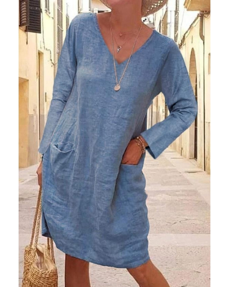 NTG Fad S / Blue V-NECK COTTON LINEN DRESS