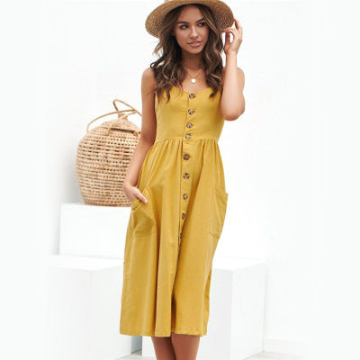 NTG Fad S / Bright Yellow Casual Sundress Female Beach Dresses Midi Button Backless Polka Dot Striped Summer Dress