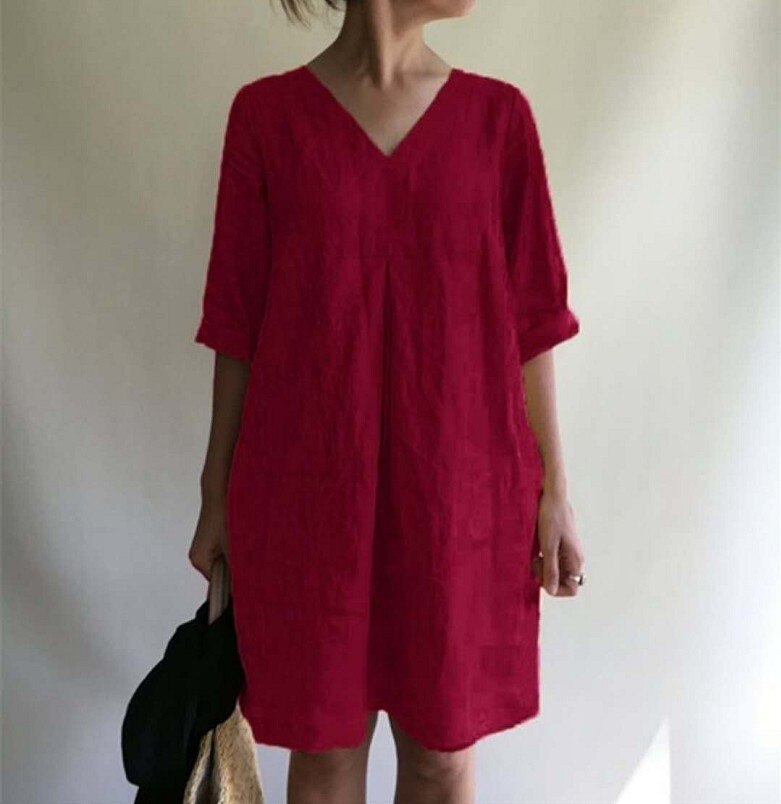 NTG Fad S / Burgundy Cotton Linen Sexy Dress