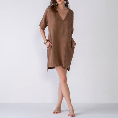 NTG Fad S / Coffee 100% Cotton Gauze Sexy V-Neck Button Up Summer Elegant Casual Dress