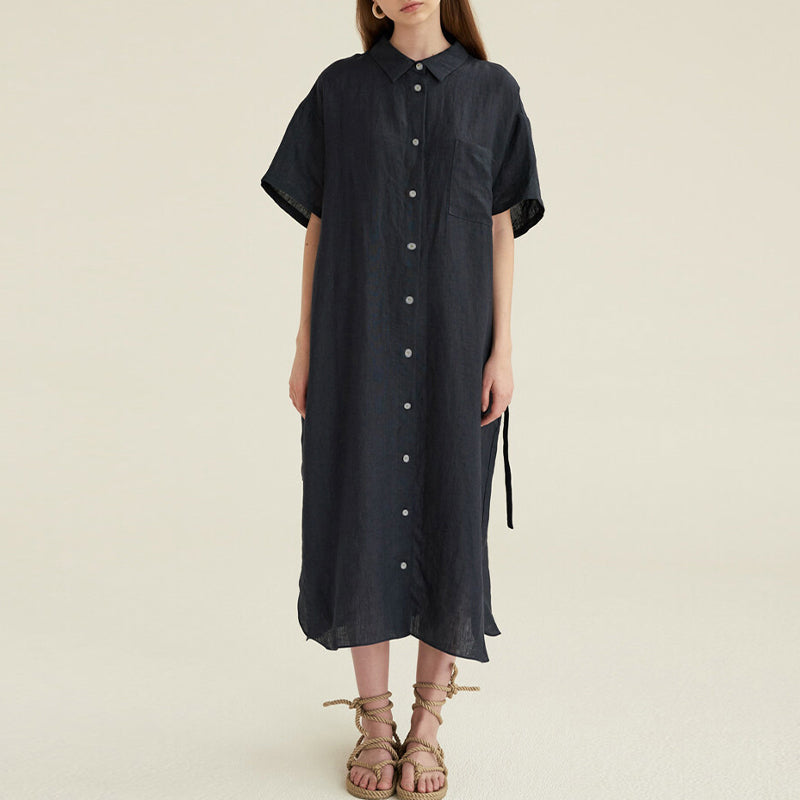 NTG Fad S / Dark Blue Linen Mid-Length Shirt Skirt Literary Temperament Dress