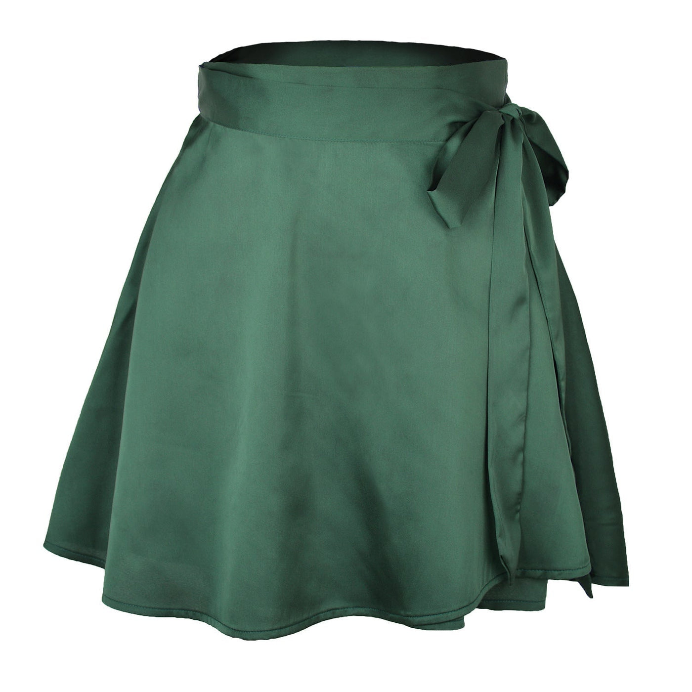 NTG Fad S / Dark Green High Waist Lace-Up Loose Casual Chiffon Satin Mini Skirt Solid Color Elegant Skirts