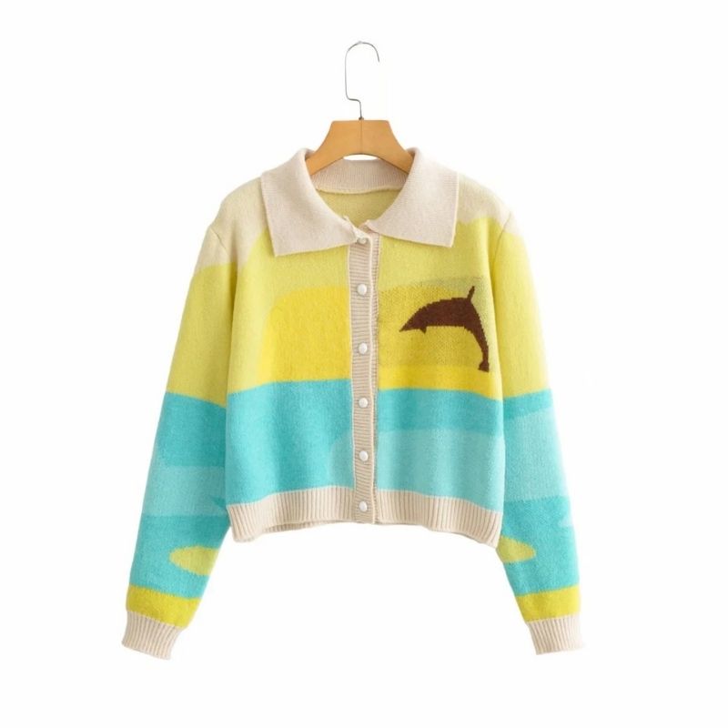 NTG Fad S / Dolphin Vintage Cardigan Women Knitted Chic Single Breasted Turn-down Collar Cardigans House Palm Pattern Sunny Sweaters