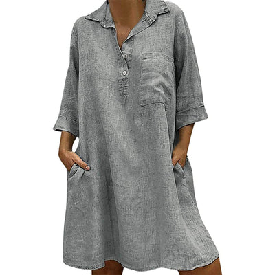 NTG Fad S / Gray Solid Cotton Linen Casual Dress With Pockets