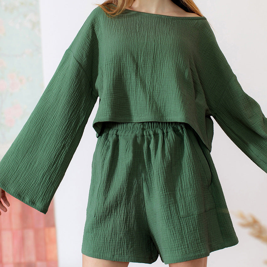 NTG Fad S / Green 100% Cotton Casual Long Sleeve Tops And Shorts Pockets Suit