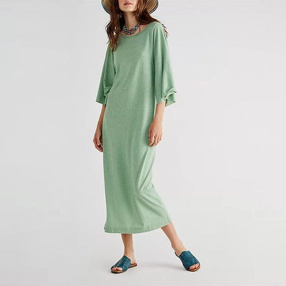 NTG Fad S / Green 100% Cotton Casual Loose Solid Open Side Long Maxi Elegant Party Dress