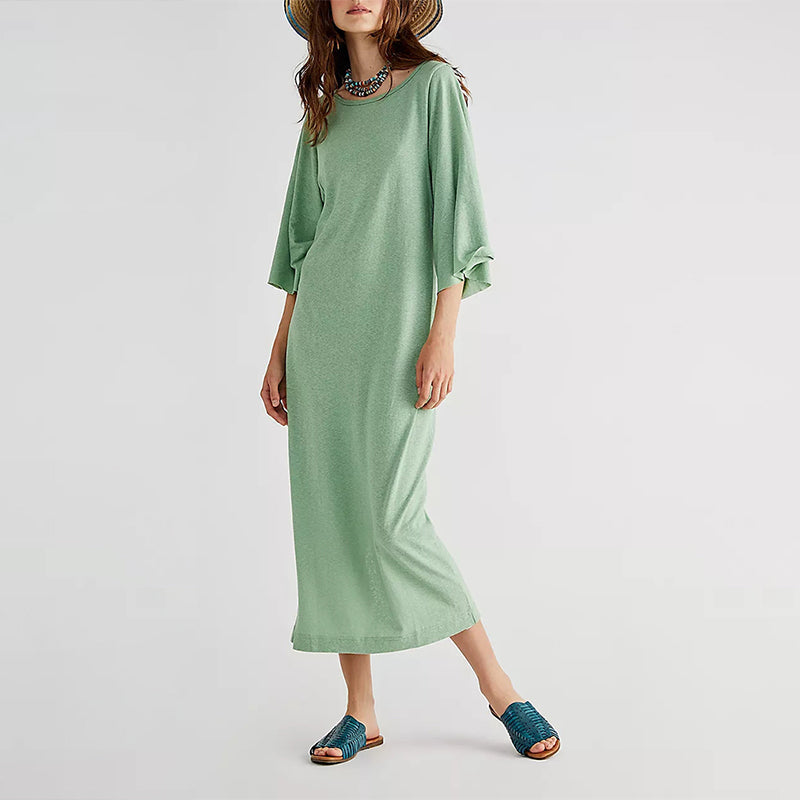NTG Fad S / Green 100% Cotton Casual Loose Solid Open Side Long Maxi Elegant Party Dress