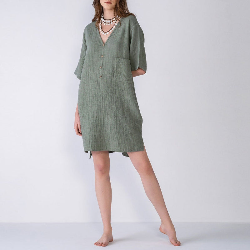 NTG Fad S / Green 100% Cotton Gauze Sexy V-Neck Button Up Summer Elegant Casual Dress
