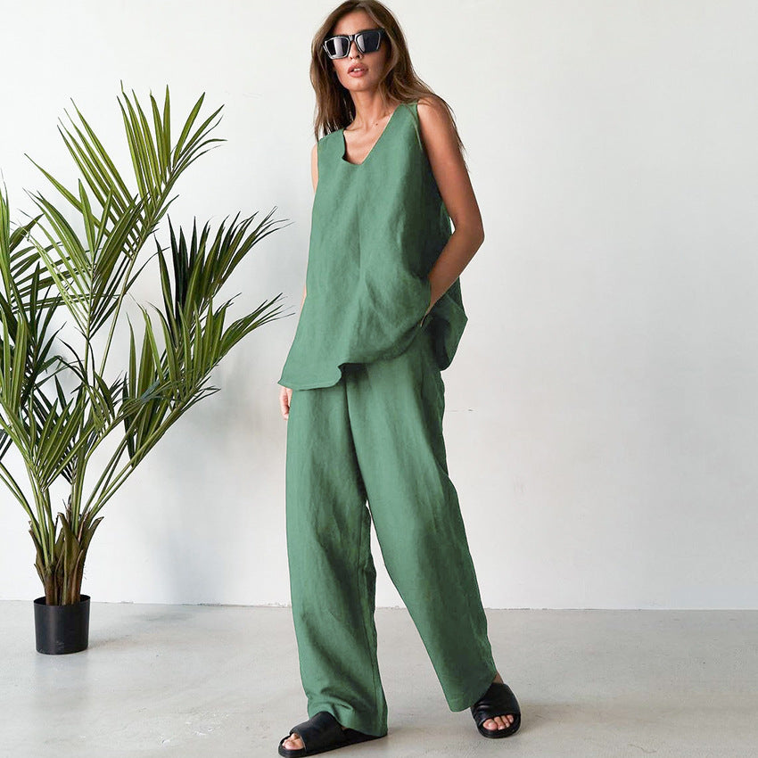 NTG Fad S / Green 100% COTTON SET WOMAN 2 PIECES SUMMER TRACKSUIT PANTS+TOPS AND  SUIT
