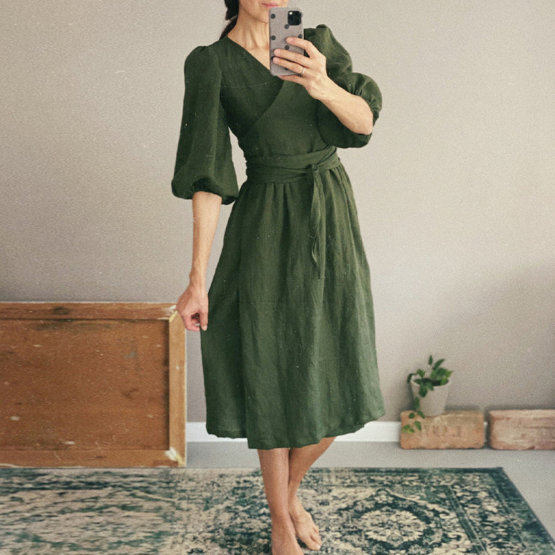 NTG Fad S / Green Elegant Cotton Linen Sexy V-Neck Puff Sleeve Dresses With Pockets