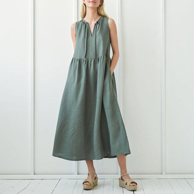 NTG Fad S / Green Elegant Cotton Linen Vintage Sleeveless Bandage Fashion Dress