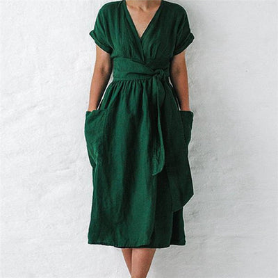 NTG Fad S / Green New Midi Beach Dress Short Sleeve Deep V Shirt Sexy Party Dress