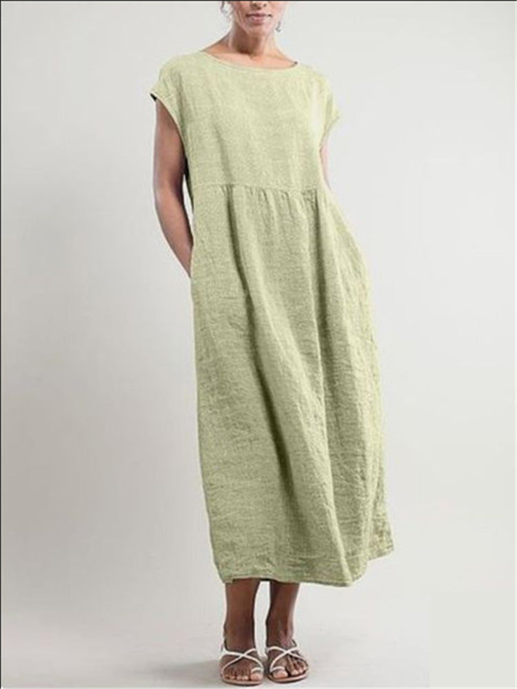 NTG Fad S / Green Solid Color Sleeveless Loose Cotton Linen Pocket Dress