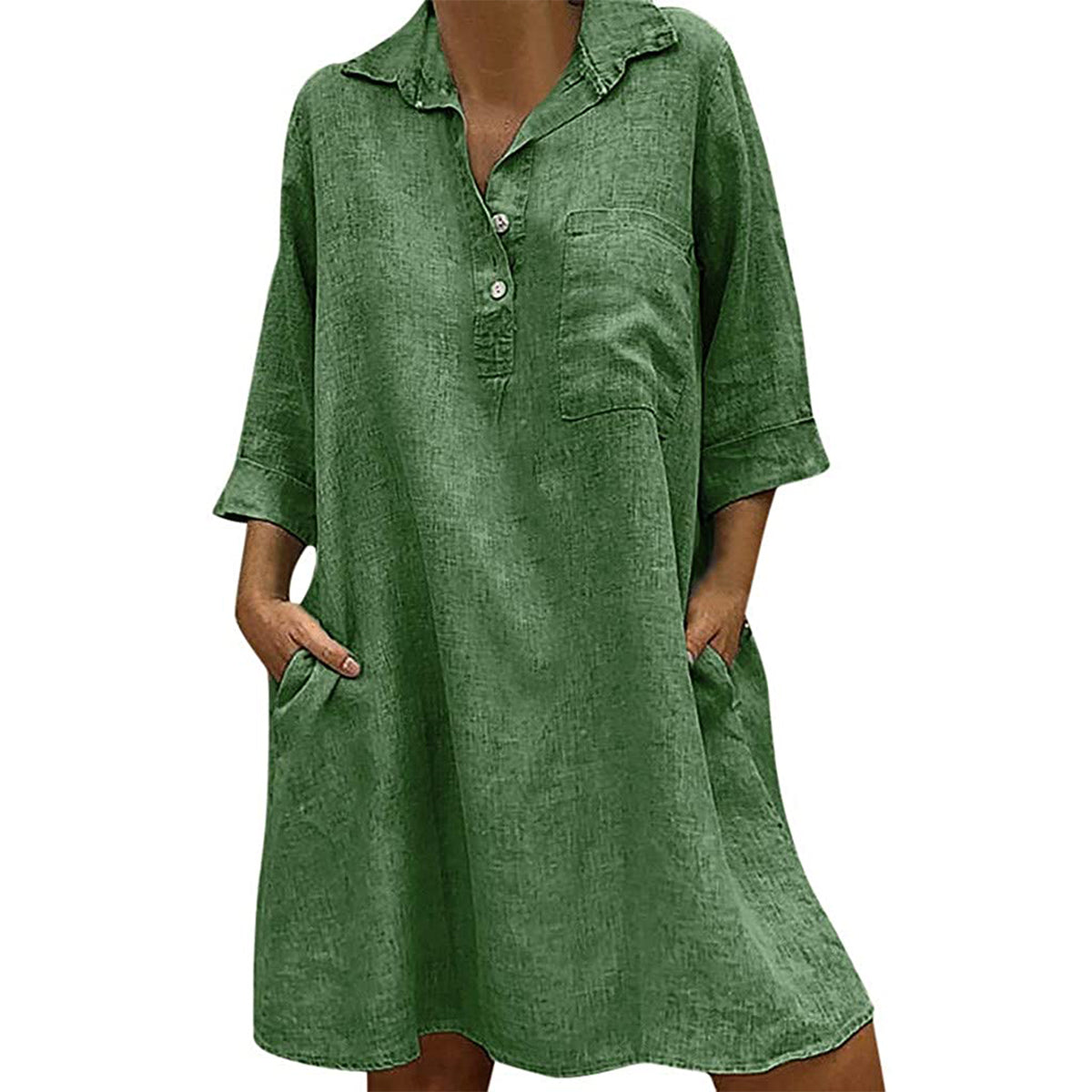 NTG Fad S / Green Solid Cotton Linen Casual Dress With Pockets