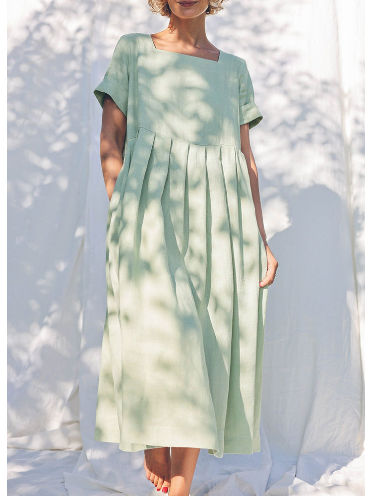 NTG Fad S / Green Square Neck Women's Design Linen Pleated Long Dress