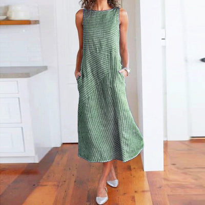 NTG Fad S / Green Woman Casual Striped Print  Long  Sleeveless O Neck Linen Pocket