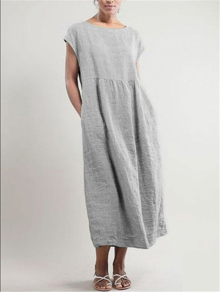 NTG Fad S / Grey Solid Color Sleeveless Loose Cotton Linen Pocket Dress