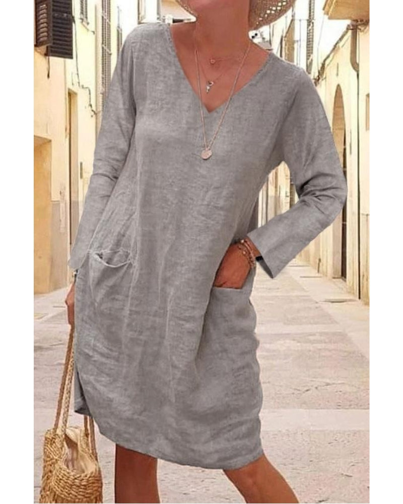 NTG Fad S / Grey V-NECK COTTON LINEN DRESS