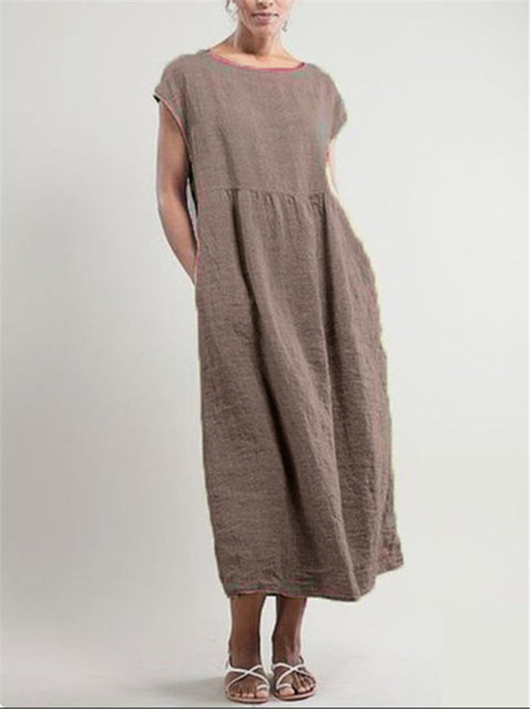 NTG Fad S / Khaki Solid Color Sleeveless Loose Cotton Linen Pocket Dress