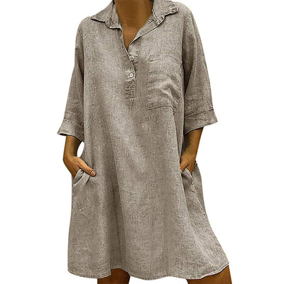 NTG Fad S / Khaki Solid Cotton Linen Casual Dress With Pockets