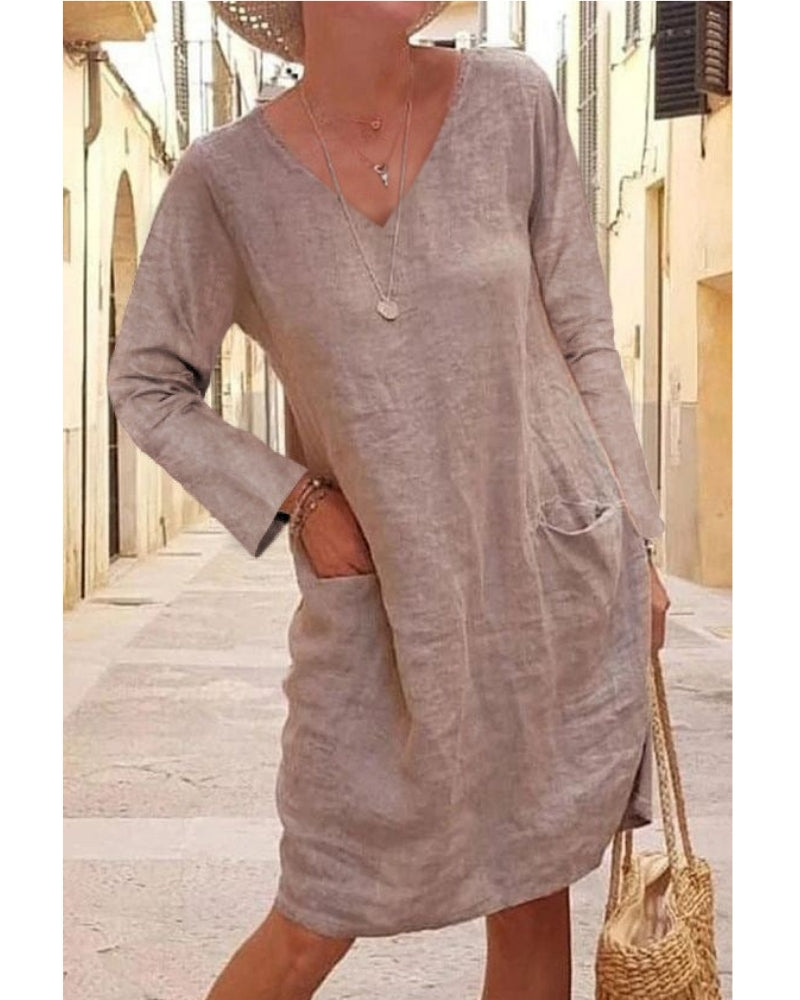 NTG Fad S / Khaki V-NECK COTTON LINEN DRESS