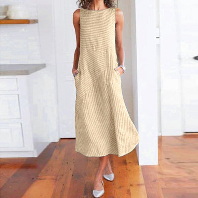NTG Fad S / Khaki Woman Casual Striped Print  Long  Sleeveless O Neck Linen Pocket