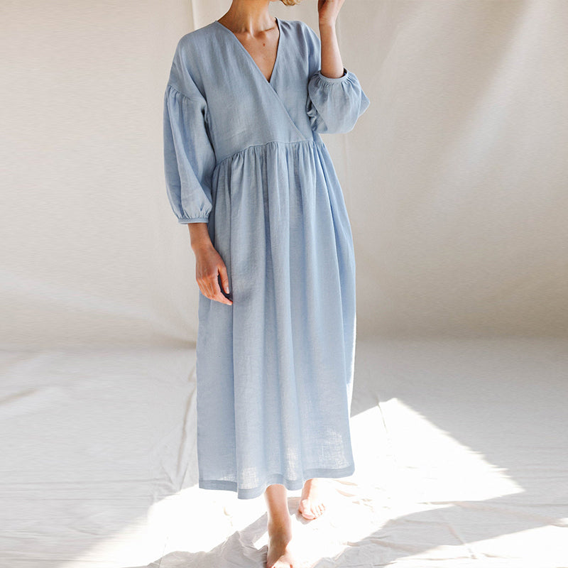 NTG Fad S / Light Blue Casual Cotton Linen Summer Women Dress Sexy V-Neck Patchwork Korean Fashion Holiday Beach Party Dress With Pockets