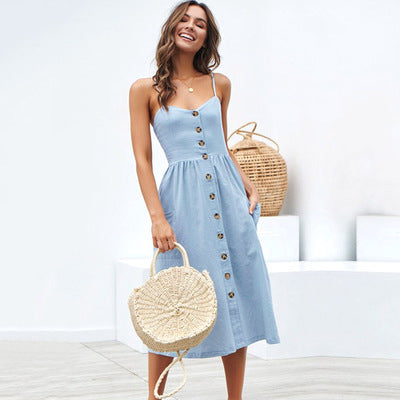 NTG Fad S / Light  Blue Casual Sundress Female Beach Dresses Midi Button Backless Polka Dot Striped Summer Dress