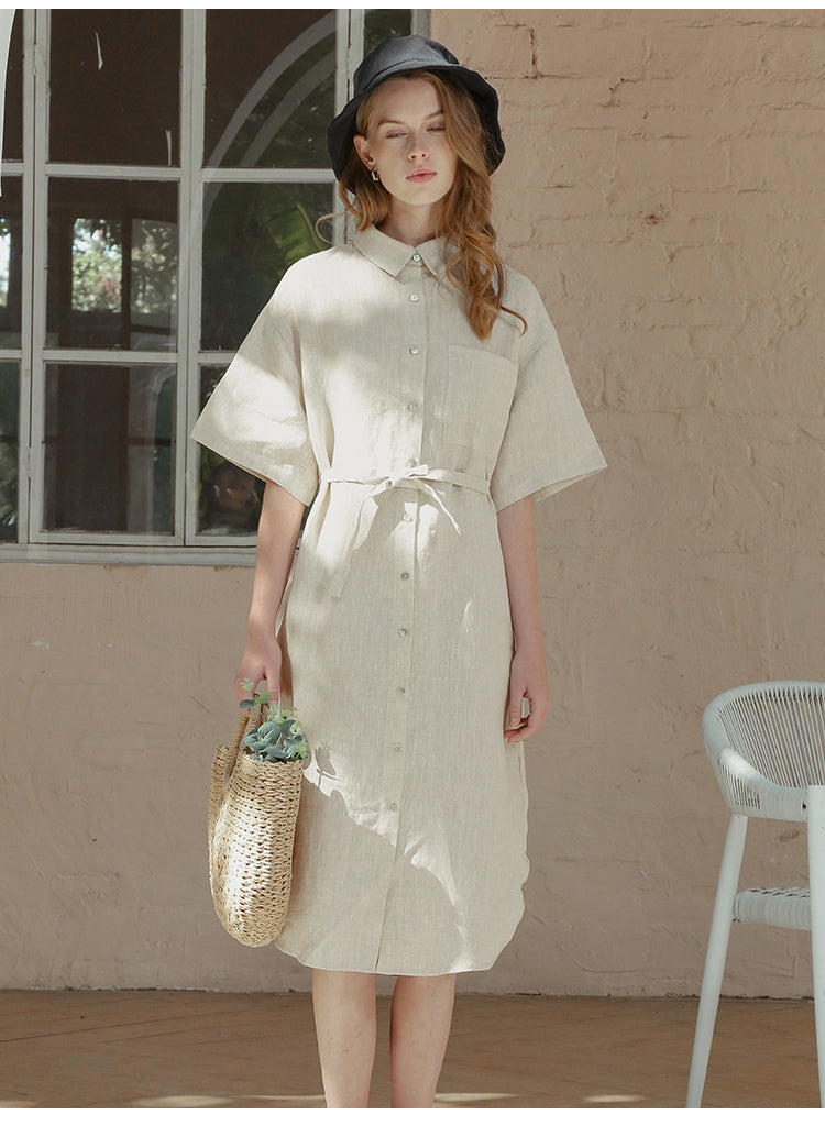 NTG Fad S / Linen Linen Mid-Length Shirt Skirt Literary Temperament Dress