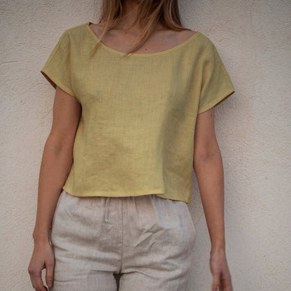 NTG Fad S / Mustard Yellow 100% Cotton Women Summer Casual Solid O-Neck Short Sleeve Women Top