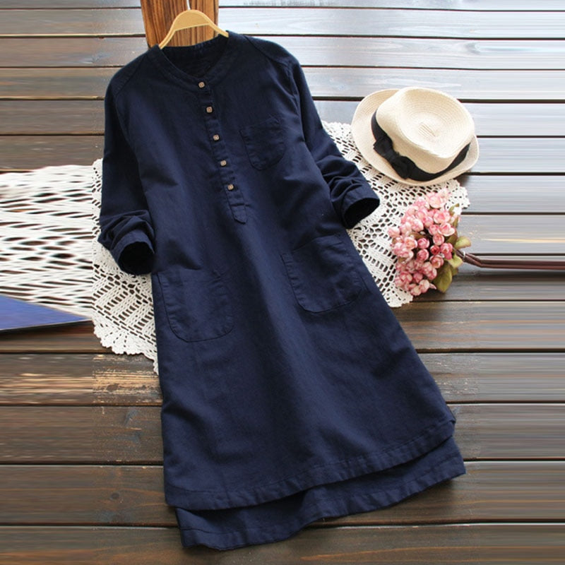 NTG Fad S / Navy Cotton Linen Shirt Casual Long Robe
