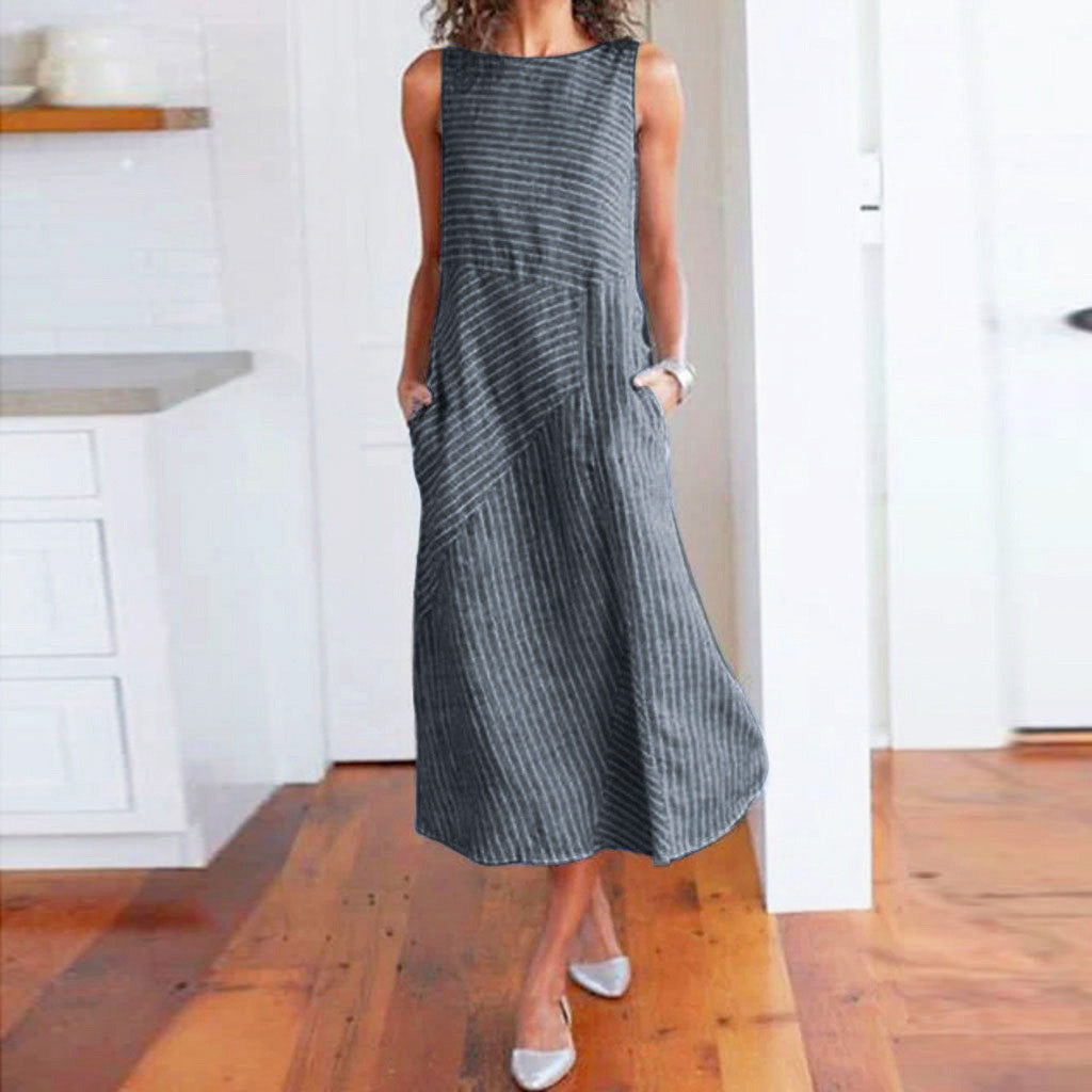 NTG Fad S / Navy Woman Casual Striped Print  Long  Sleeveless O Neck Linen Pocket