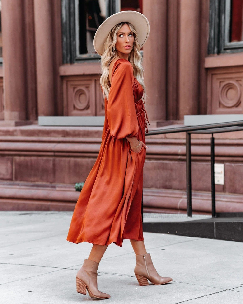 NTG Fad S / Orange Women  Fashion Square Collar Lantern Long Sleeve A Line Dress
