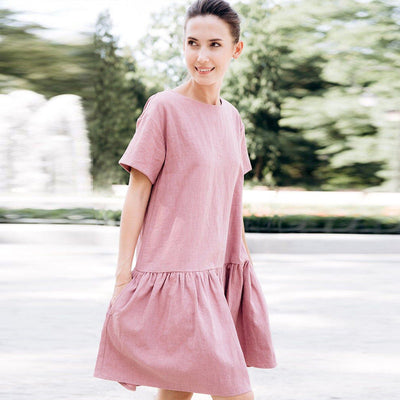 NTG Fad S / Pink Casual Cotton Linen Elegant Solid Short Sleeve Sweet Ruffles Summer Dress