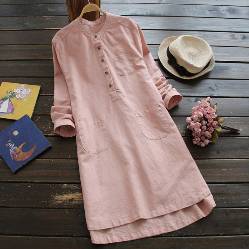 NTG Fad S / Pink Cotton Linen Shirt Casual Long Robe