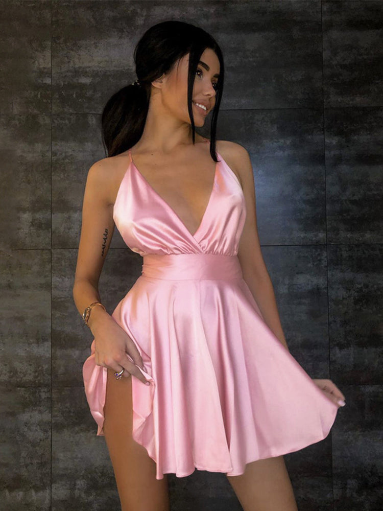 NTG Fad S / Pink Cryptographic Satin Sexy Backless Sleeveless Party Night Club Wrap Mini Dress