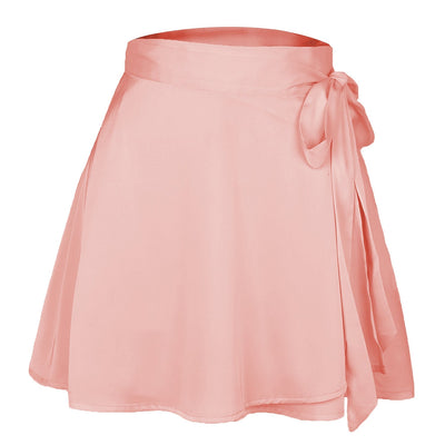 NTG Fad S / Pink High Waist Lace-Up Loose Casual Chiffon Satin Mini Skirt Solid Color Elegant Skirts